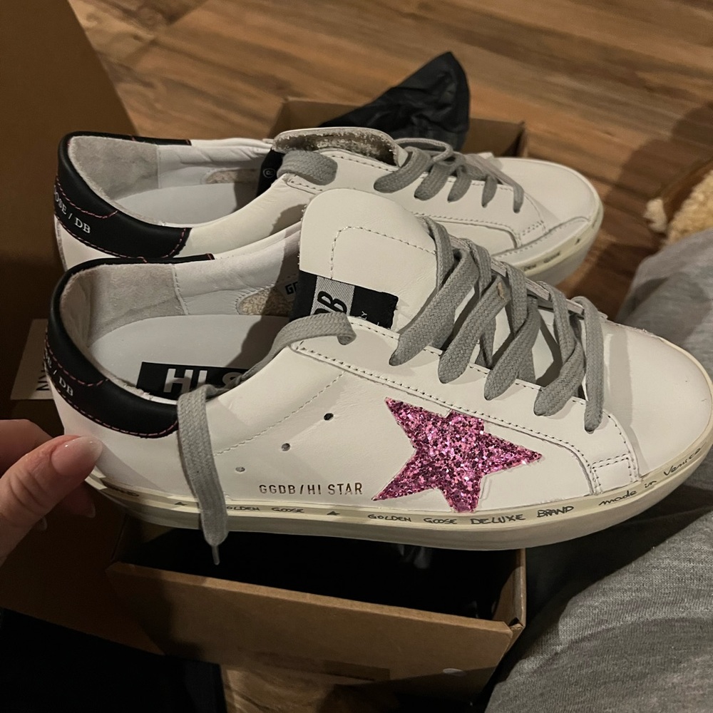 BNIB golden goose high Star sneakers with pink glitter star and black heel tab
